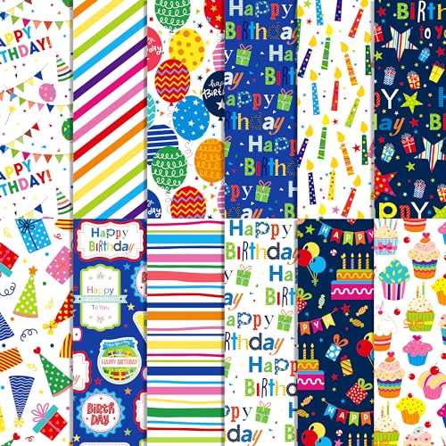 Happy Birthday Scrapbook Papier – 24 Blatt Happy Birthday Musterpapier 30 x 30 cm bunter Luftballon, Kerze und Happy Birthday Schriftzug, gemustert, doppelseitig, dekoratives Bastelpapier für von BHNACIER