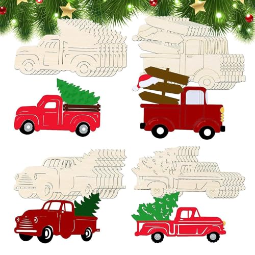 BHOLI Unlackiertes Holzbrett, unlackiert, unlackierte Holzscheiben in LKW-Formen, unlackierte Holzscheiben mit weihnachtlichem Holz-LKW zur Dekoration von BHOLI