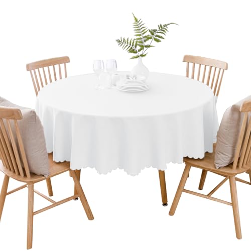 BHOMTY Runde Tischdecke aus Baumwolle und Leinen, schmutzabweisend, geeignet für Esstische, Couchtische, Balkone und Gärten Weiß, Durchmesser 240 cm von BHOMTY