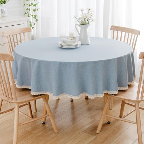 BHOMTY Runde Tischdecke aus Baumwollleinen, geeignet für Esstische, Kaffeetische, maschinenwaschbar, Hellblau, Durchmesser 100 cm von BHOMTY
