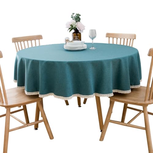 BHOMTY Runde Tischdecke aus Baumwollleinen, geeignet für Esstische, Kaffeetische, maschinenwaschbar, Pfauenblau, Durchmesser 140 cm von BHOMTY