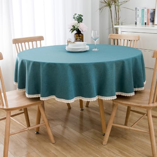 BHOMTY Runde Tischdecke aus Baumwollleinen, geeignet für Esstische, Kaffeetische, maschinenwaschbar, Pfauenblau, Durchmesser 160 cm von BHOMTY