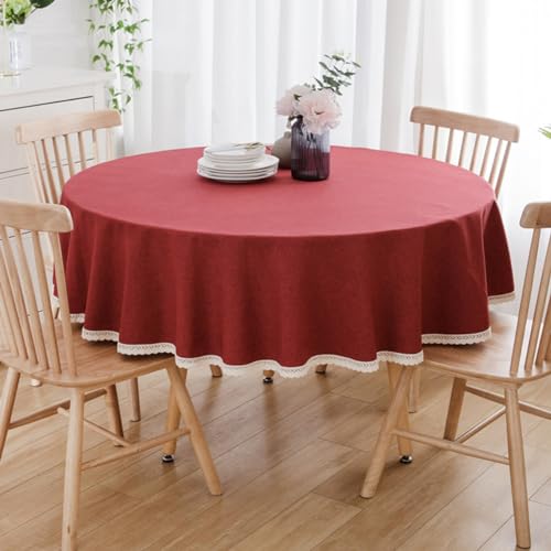 BHOMTY Runde Tischdecke aus Baumwollleinen, geeignet für Esstische, Kaffeetische, maschinenwaschbar, Rot, Durchmesser 100 cm von BHOMTY