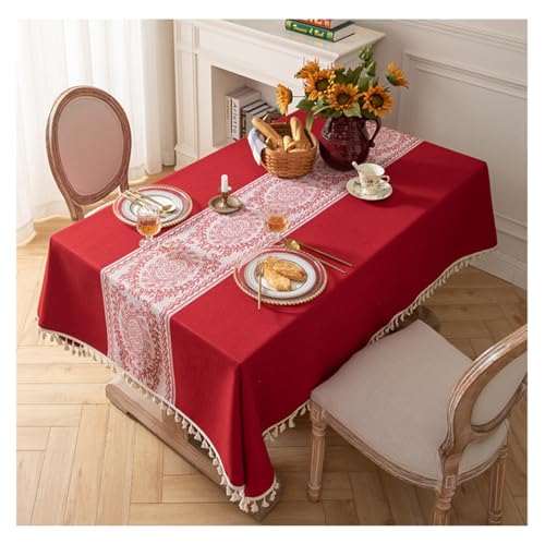 BHOMTY Tischdecke aus Baumwolle und Leinen mit Fransen Für Küche, Esszimmer und Couchtisch Maschinenwaschbar Rot 90 * 140cm von BHOMTY