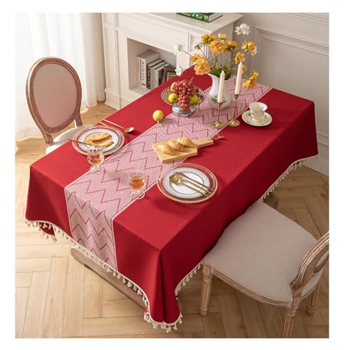 BHOMTY Tischdecke aus Baumwolle und Leinen mit Fransen Für Küche, Esszimmer und Couchtisch Maschinenwaschbar Rot 90 * 140cm von BHOMTY
