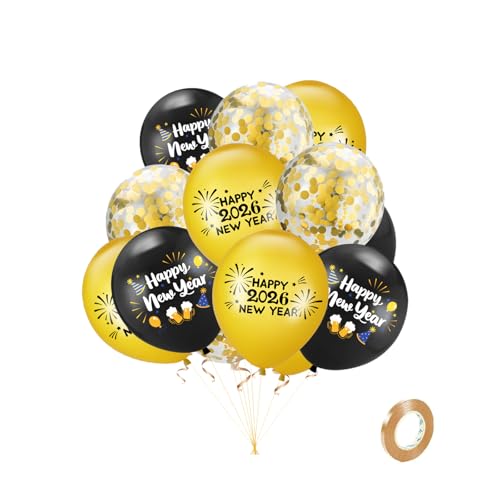 BHSTTNIXP 15 Stück Luftballons "Happy New Year", Gold und Schwarz, Latex-Luftballons 2026, für Silvester-Dekorationen 2026 von BHSTTNIXP