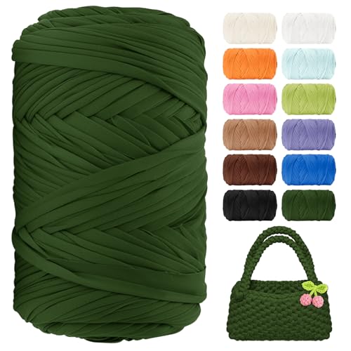 T-Shirt-Garn, 130 Meter, Anfänger, Häkelgarn, 400 g, elastischer Stoff, dicke T-Shirt-Garne zum Häkeln, Stricken, Taschen, Körbe, Teppiche, Untersetzer, DIY-Handwerk, Heimdekoration (Armeegrün) von BHUCUTU