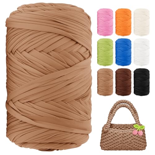 T-Shirt-Garn, 130 Meter, Anfänger, Häkelgarn, 400 g, elastischer Stoff, dicke T-Shirt-Garne zum Häkeln, Stricken, Taschen, Körbe, Teppiche, Untersetzer, DIY-Handwerk, Heimdekoration (Khaki) von BHUCUTU