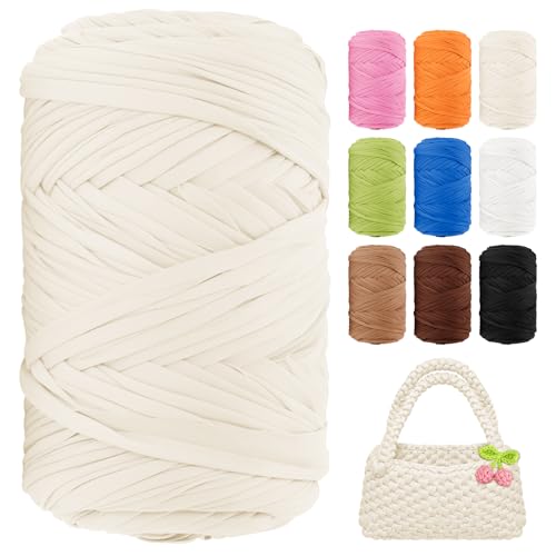 T-Shirt-Garn, 130 Meter, Anfänger, Häkelgarn, 400 g, elastischer Stoff, dicke T-Shirt-Garne zum Häkeln, Stricken, Taschen, Körbe, Teppiche, Untersetzer, DIY-Handwerk, Heimdekoration (milchig-weiß) T-Shirt-Garn, 130 Meter, Anfänger, Häkelgarn, 400 g, elastischer Stoff, dicke T-Shirt-Garne zum Häkeln, Stricken, Taschen, Körbe, Teppiche, Untersetzer, DIY-Handwerk, Heimdekoration (milchig-weiß) von BHUCUTU