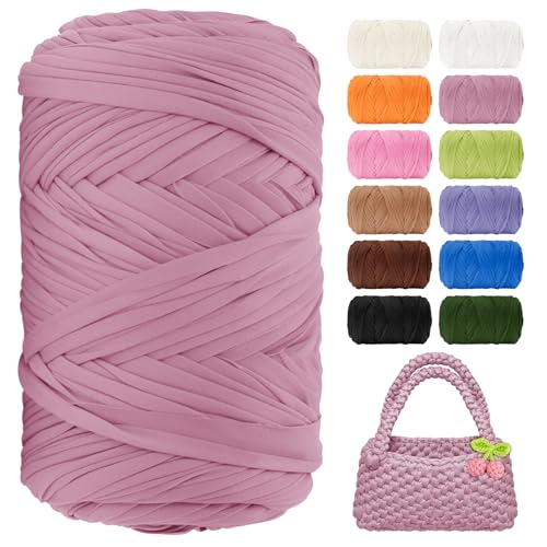 T-Shirt-Garn, 130 Meter, Anfänger-Häkelgarn, 400 g, elastischer Stoff, dickes T-Shirt-Garne zum Häkeln, Stricken, Taschen, Körbe, Teppiche, Untersetzer, DIY, Handwerk, Heimdekoration (Dusty Pink) von BHUCUTU