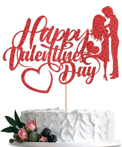 BIABISD Tortenaufsatz "Happy Valentine's Day" mit rotem Glitzer, Valentinstag-Kuchendekoration, Valentinstagsparty-Dekoration (1) von BIABISD