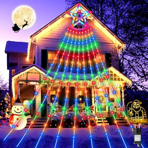 BIAOQINBO LED Lichterkette Weihnachtsbaum Lichter mit Stecker 350 LEDs Weihnachtsbeleuchtung Dekor String Lights mit Sterne 9 Saiten*3.5m IP45 8 Leuchtmodi Für weihnachten Innen Außen Bunt von BIAOQINBO