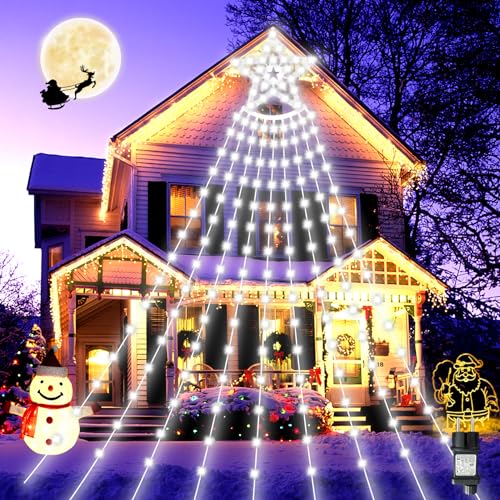 BIAOQINBO LED Lichterkette Weihnachtsbaum Lichter mit Stecker 350 LEDs Weihnachtsbeleuchtung Dekor String Lights mit Sterne 9 Saiten*3.5m IP45 8 Leuchtmodi Für weihnachten Innen Außen Kaltweiß von BIAOQINBO