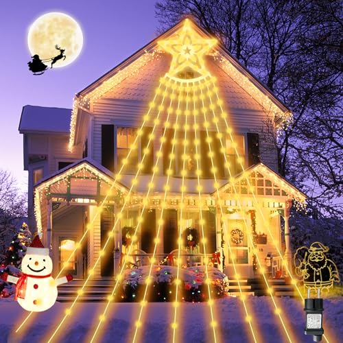 BIAOQINBO LED Lichterkette Weihnachtsbaum Lichter mit Stecker 350 LEDs Weihnachtsbeleuchtung Dekor String Lights mit Sterne 9 Saiten*3.5m IP45 8 Leuchtmodi Für weihnachten Innen Außen Warmweiß von BIAOQINBO