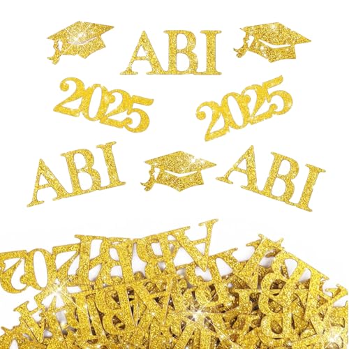 100 Stück Abitur Graduation Deko,2025 Absolventenhut Abschluss Abi Geschenke Konfetti,Bachelor Abschlussfeier Geschenk Dekoration Abschlusskonfetti,Prüfung Bestanden Party Schärpe Deco (golden) von BIBITI
