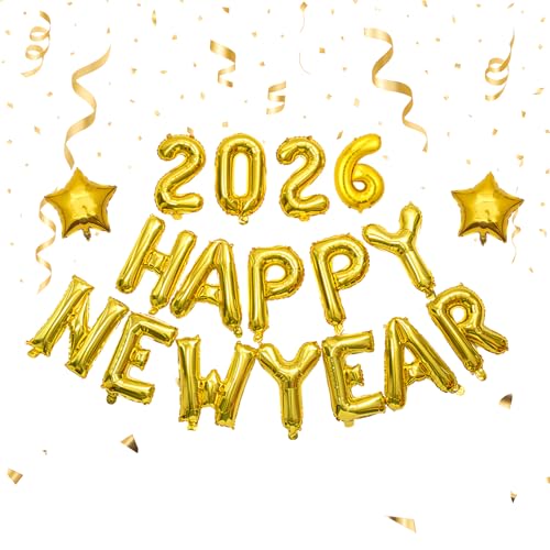 2026 Luftballon,Silvester Deko Gold Happy New Year Decoration Ballon Luftballons Silvester Ballons Party Dekoration Neujahr Silvesterdeko Zahlen Buchstaben Folienballon,für Eve Decorations (Gold) von BIBITI