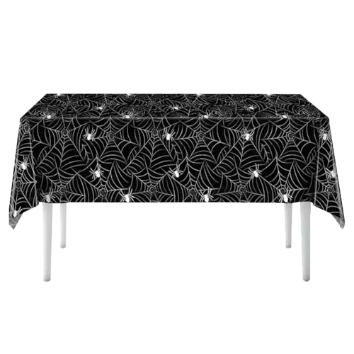 Halloween Tischdecke,Spinnennetz Tischdecke Schwarz Table Cloth Deko Party Tischdeko Einweg Tischdecken Schwarze Tischdekoration Plastik Einwegtischdecke für Halloweenparty Kindergeburtstag(137*274cm) von BIBITI