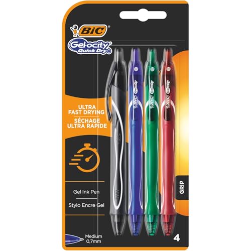 BIC Gel-ocity Quick Dry Tintenroller, Gelstifte in 4 verschiedenen Farben, Strichstärke Medium, mit gummierter Griff-Fläche von BIC Deutschland