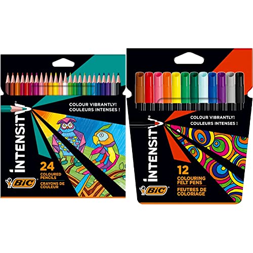 BIC Intensity Buntstifte, Dreikant-Aquarellstifte, Malstifte zum Malen in 24 Farben & Filzstifte, zum Malen für Erwachsene und Kinder, in 12 auswaschbaren Farben, mit stabiler Spitze, im Karton Etui von BIC Intensity