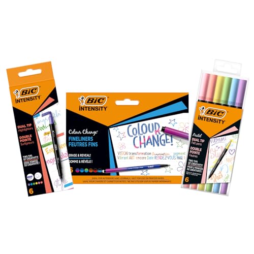BIC Intensity Stifte Set à 18: 6 Dual Tip Brush Pen Pastell Filzstifte, 6 Fineliner 'Colour Change' und 6 Dual Tip Brush Pastell Textmarker von BIC Intensity