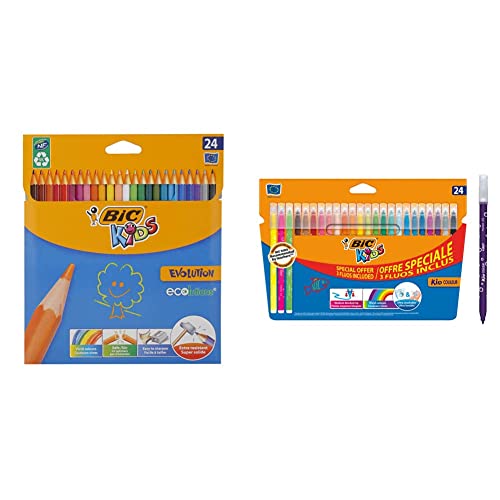 BIC Kids Buntstifte ECOlutions Evolution, in 24 Farben, ab 5 Jahre, Bruchsichere Mine & ohne Holz, für Schultüte, Einschulung und Schulanfang & Filzstifte Kid Couleur, in 24 Farben, ab 5 Jahre von BIC Kids