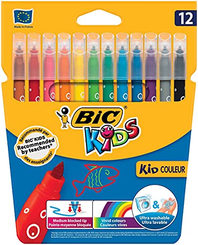 BIC Kids Fasermaler Kid Couleur (auswaschbare Filzstifte, 1 x 12 bunte Kinder Filzstifte, ab 5 Jahren, im Kartonetui) von BIC Kids