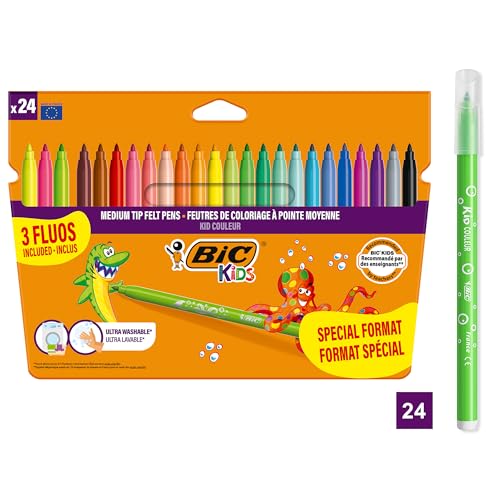 BIC Kids Filzstifte Set Kid Couleur, Fasermaler zum Malen in 24 auswaschbaren Farben, inkl. Neonfarben, im Karton Etui, ab 5 Jahre, 24 Count (Pack of 1) von BIC Kids