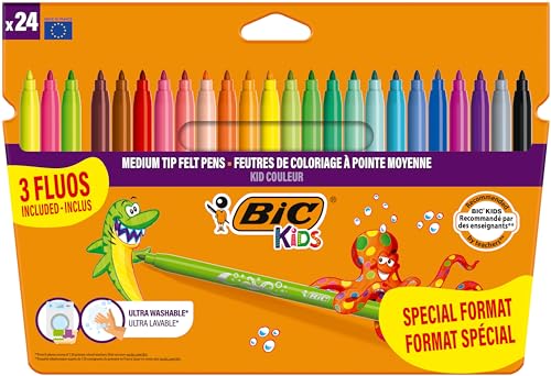 BIC Kids Filzstifte Set Kid Couleur, Fasermaler zum Malen in 24 auswaschbaren Farben, inkl. Neonfarben, im Karton Etui, ab 5 Jahre, 24 Count (Pack of 1) von BIC Kids