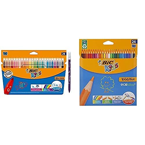 BIC Kids Filzstifte Kid Couleur, Fasermaler zum Malen in 24 auswaschbaren Farben, mit stabiler Spitze, im Karton Etui, ab 5 Jahre & Buntstifte ECOlutions Evolution, in 24 Farben, ab 5 Jahre, 24 Stück von BIC Kids