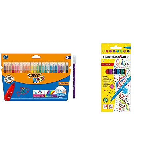 BIC Kids Filzstifte Kid Couleur, Fasermaler zum Malen in 24 auswaschbaren Farben,ab 5 Jahre & Eberhard Faber 551008 - Glitzer Filzstifte in 8 leuchtenden Farben, Minenstärke 3 mm von BIC Kids