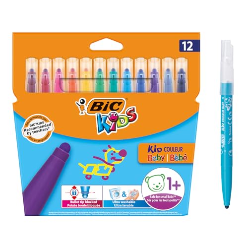 BIC Kids Filzstifte Set Kid Couleur Baby, Fasermaler zum Malen in 12 auswaschbaren Farben, mit stabiler Spitze, im Karton Etui, ab 1 Jahr von BIC Kids