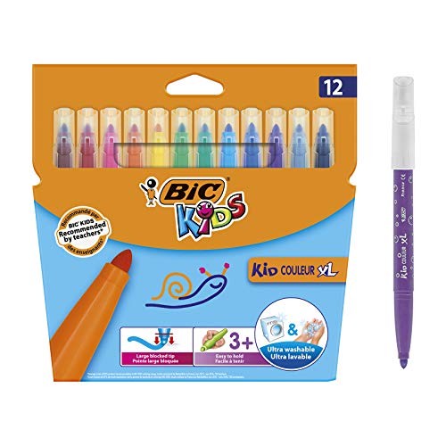 BIC Kids Filzstifte Kid Couleur XL, Fasermaler zum Malen in 12 auswaschbaren Farben, mit dicker Spitze, im Karton Etui, ab 3 Jahre von BIC Kids