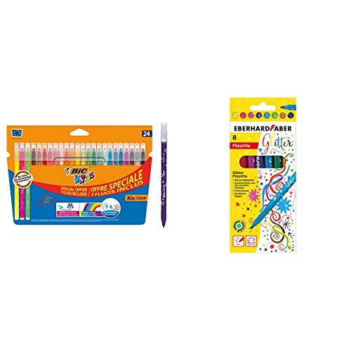 BIC Kids Filzstifte Set Kid Couleur, in 24 auswaschbaren Farben, ab 5 Jahre & Eberhard Faber 551008 - Glitzer Filzstifte in 8 leuchtenden Farben, Minenstärke 3 mm, auswaschbar im Kartonetui von BIC Kids