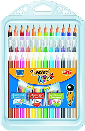 BIC Kids Stifte Set: 12 Buntstifte, 12 Filzstifte ab 5 Jahren und 12 Malkreiden ab 30 Monaten, Ideal für die Schule, in aufklappbarem Etui von BIC Kids