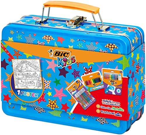 BIC Kids Stifte Set: 12 Magic Filzstifte, 6 Glitzerkleber, 12 Ölmalkreiden und 1 Ausmal-Poster in praktischem Malkoffer von BIC Kids