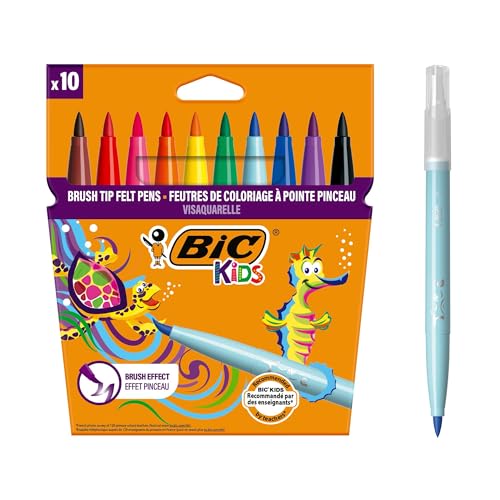 BIC Kids Filzstifte Visaquarelle, Fasermaler zum Malen in 10 auswaschbaren Farben, mit flexibler Pinselspitze, im Karton Etui, mit Austrocknungsschutz von BIC Kids