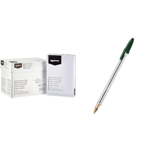 Amazon Basics - Druckerpapier, 5x500 Blatt + BIC Kugelschreiber Cristal Medium – 50 Kulis in Grün – Strichstärke 0,4 mm – Dokumentenecht von BIC