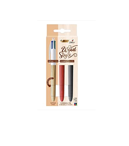 BIC - 1 Set mit 1 Kugelschreiber, 4 Farben, klassisch, mit Korpus in Holzoptik + 2 Korpus in Holzoptik – Dekor WOOD – mittlere Spitze: 1 mm von BIC