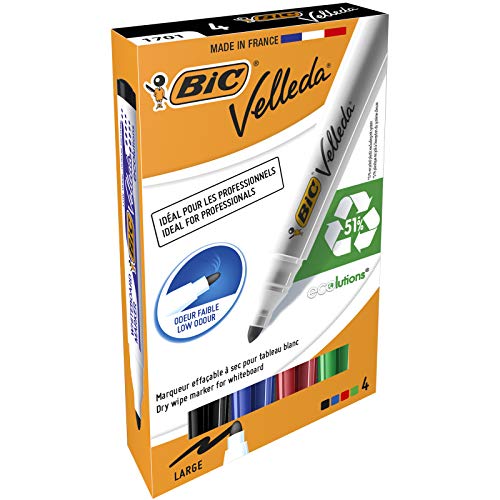 BIC 1701 Whiteboard Marker Velleda ECOlutions (1,4 mm, geruchsarm, 4 fach sortiert) Kartonetui à 4 Stück von BIC