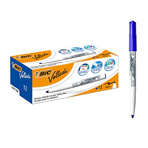 BIC Velleda Whiteboard Marker, 12er Pack, in Blau, mit Rundspitze, Strichstärke: 1,4 mm, geruchsarm, in kompakter Größe von BIC