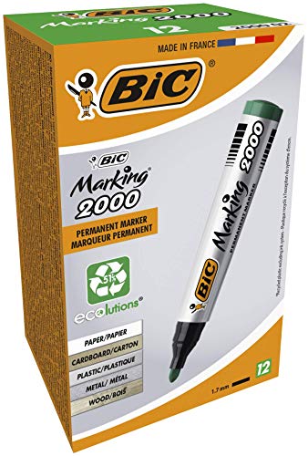 BIC Marking 2000 Permanent Marker, mit fester Rundspitze, 12er Pack, in Grün, zum Beschreiben von Metall, Holz & Co von Bic