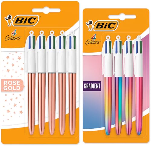 BIC 4 Colours Kugelschreiber Bundle – 10 Stück (5x Rose Gold + 5x Gradient) – Metallic-Design, 4 Farben pro Stift, nachfüllbar – Für Büro, Schule & Home Office von BIC