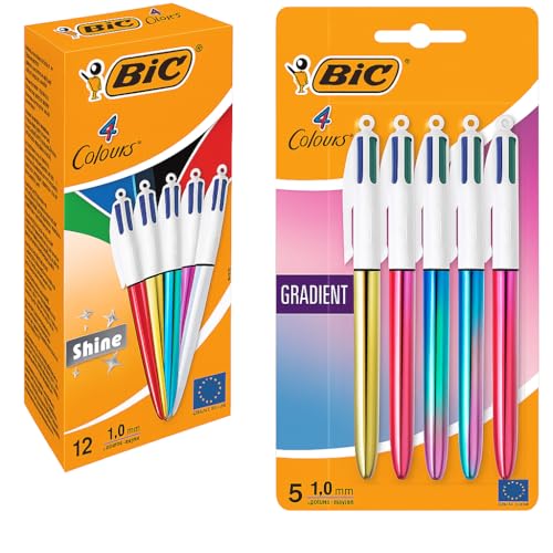 BIC 4 Colours Kugelschreiber Bundle – 17 Stück (12x Shine + 5x Gradient) – Metallic-Look, 4 Farben in 1 Stift, nachfüllbar – Für Schule, Büro & Home Office von BIC