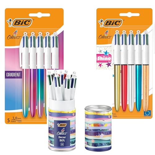BIC 4 Colours Kugelschreiber Bundle – 18 Stück (5x Gradient + 5x Shine + 8x Design Box) – Nachfüllbar, 4 Farben pro Stift – Stylisch & funktional für Schule, Büro & Home Office von BIC