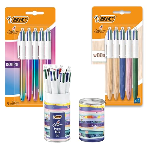 BIC 4 Colours Kugelschreiber Bundle – 18 Stück (5x Wood Effect + 5x Gradient + 8x Message Box) – 4 Farben pro Stift, nachfüllbar – Stilvoll & funktional für Büro, Schule & Home Office von BIC