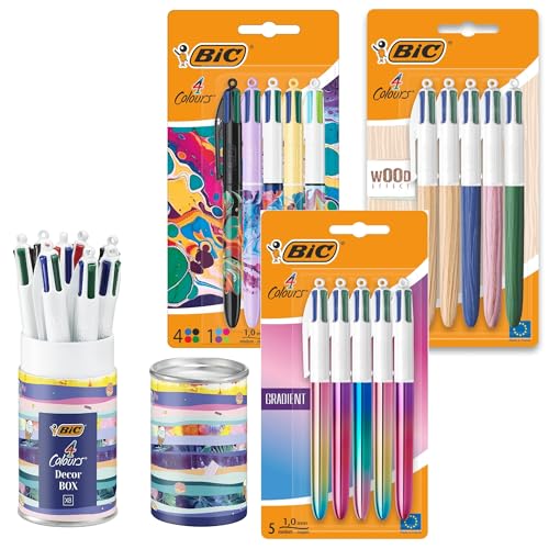 BIC 4 Colours Kugelschreiber Bundle – 23 Stück (5x Botanik + 8x Message Box + 5x Gradient + 5x Wood) – Nachfüllbar, 4 Farben pro Stift – Kreativ, farbig & funktional für Schule, Büro & Home Office von BIC