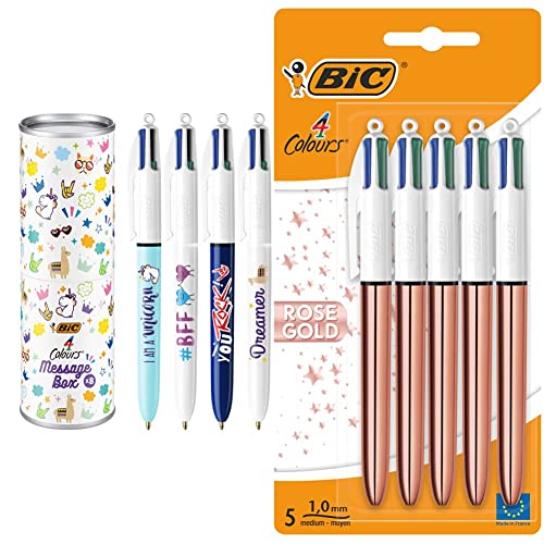 BIC 4 Colours Stifte Set: 8 Kugelschreiber & 500847 4 Farben Kugelschreiber 4 Colours Rose Gold, 5er Pack, Strichstärke 0,4 mm, Ideal für das Büro, das Home Office oder die Schule von BIC