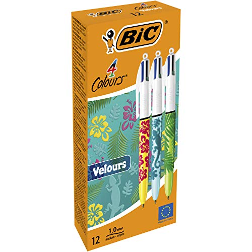 BIC 4 Farben Kugelschreiber Set 4 Colours Velours, mit samtiger Oberfläche in Dschungelmotiven, 12er Pack, Ideal für das Büro, das Home Office oder die Schule von BIC