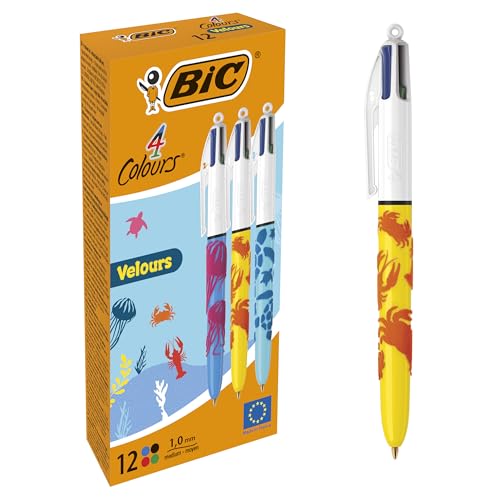 BIC 4 Farben Kugelschreiber Set 4 Colours Velours, mit samtiger Oberfläche in Dschungelmotiven, 12er Pack, Ideal für das Büro, das Home Office oder die Schule von BIC