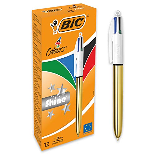 BIC 4 Farben Kugelschreiber Set 4 Colours Shine, Schaft in Gold, 12er Pack, Ideal für das Büro, das Home Office oder die Schule BIC 4 Farben Kugelschreiber Set 4 Colours Shine, Schaft in Gold, 12er Pack, Ideal für das Büro, das Home Office oder die Schule von BIC